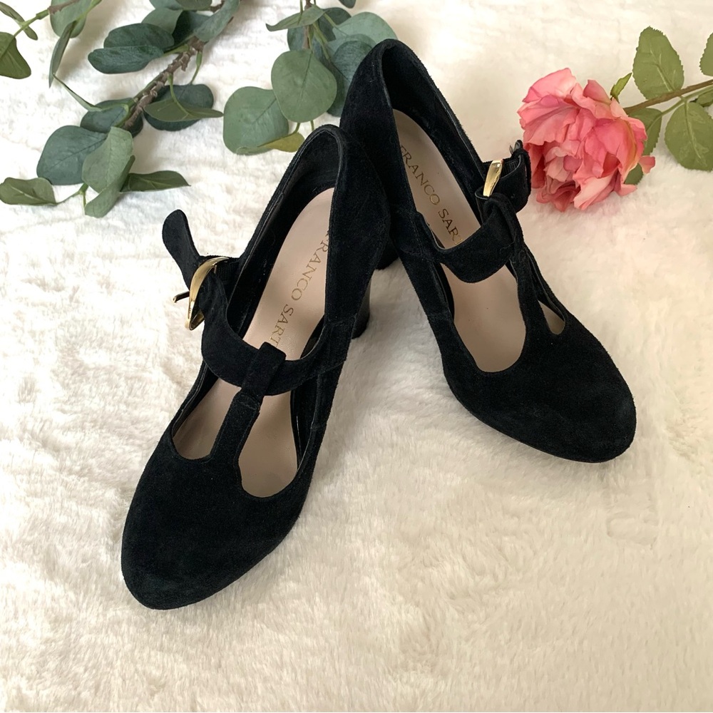 Franco Sarto Black Suede Delilah - Mary Jane Heels with Double Strap - Size 6M